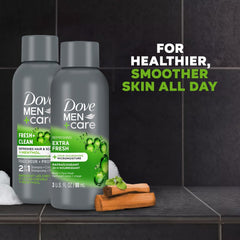 Dove Men+Care Fresh + Clean 2‑in‑1 shampoo label highlighting menthol