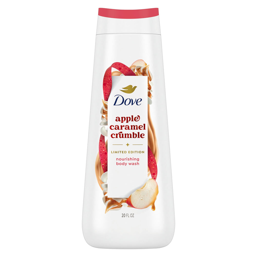Dove Men+Care front packaging showing holiday apple cider caramel scent and benefit of nourishing cleanse