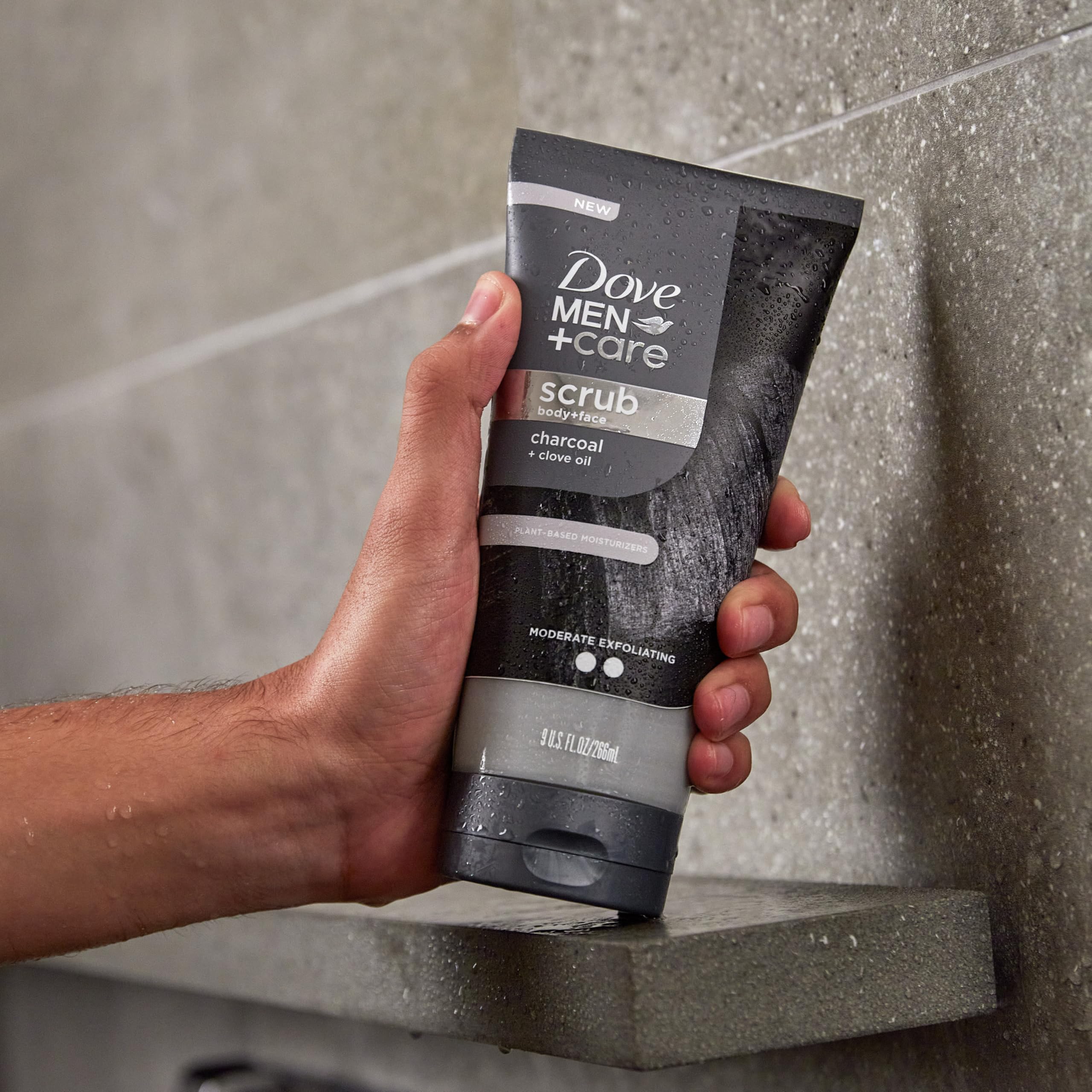 DOVE MEN + CARE being massaged onto wet skin to exfoliate and hydrate