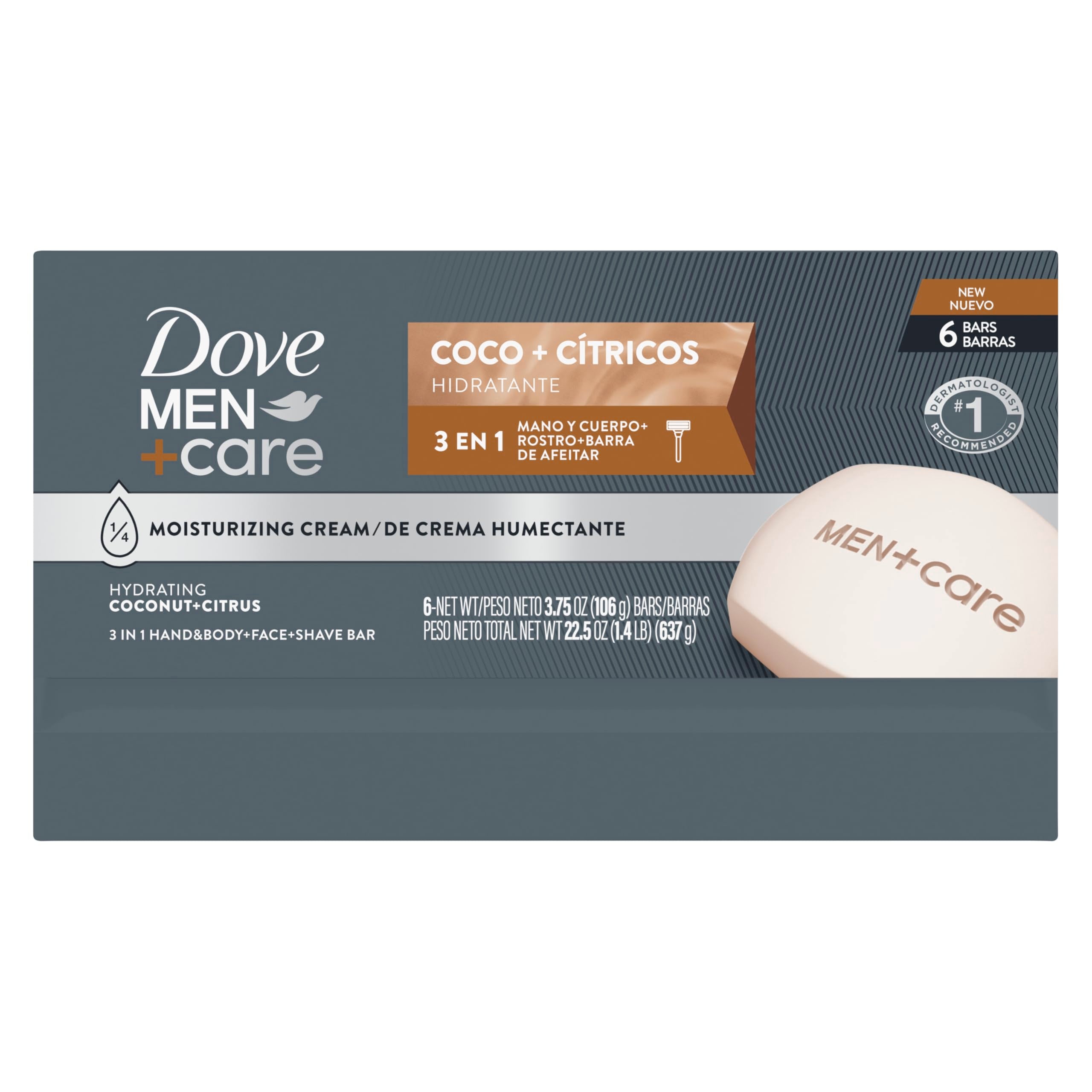 DOVE MEN + CARE bar resting on soap dish highlighting easy drying and longer life