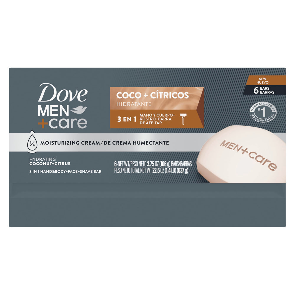 DOVE MEN + CARE bar resting on soap dish highlighting easy drying and longer life