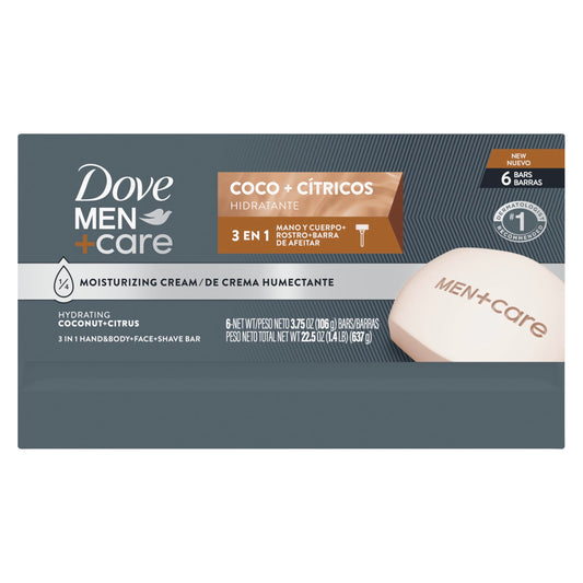 DOVE MEN + CARE bar resting on soap dish highlighting easy drying and longer life