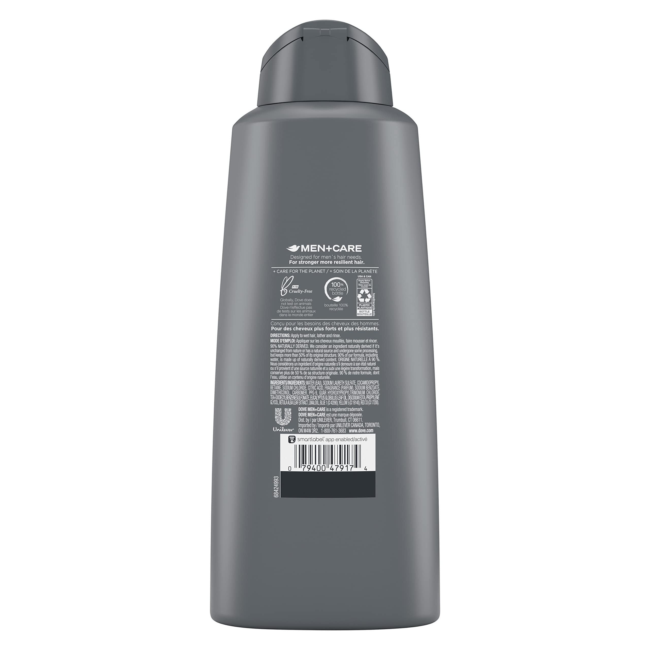 Dove Men + Care back label close-up displaying ingredients and usage instructions for clarity
