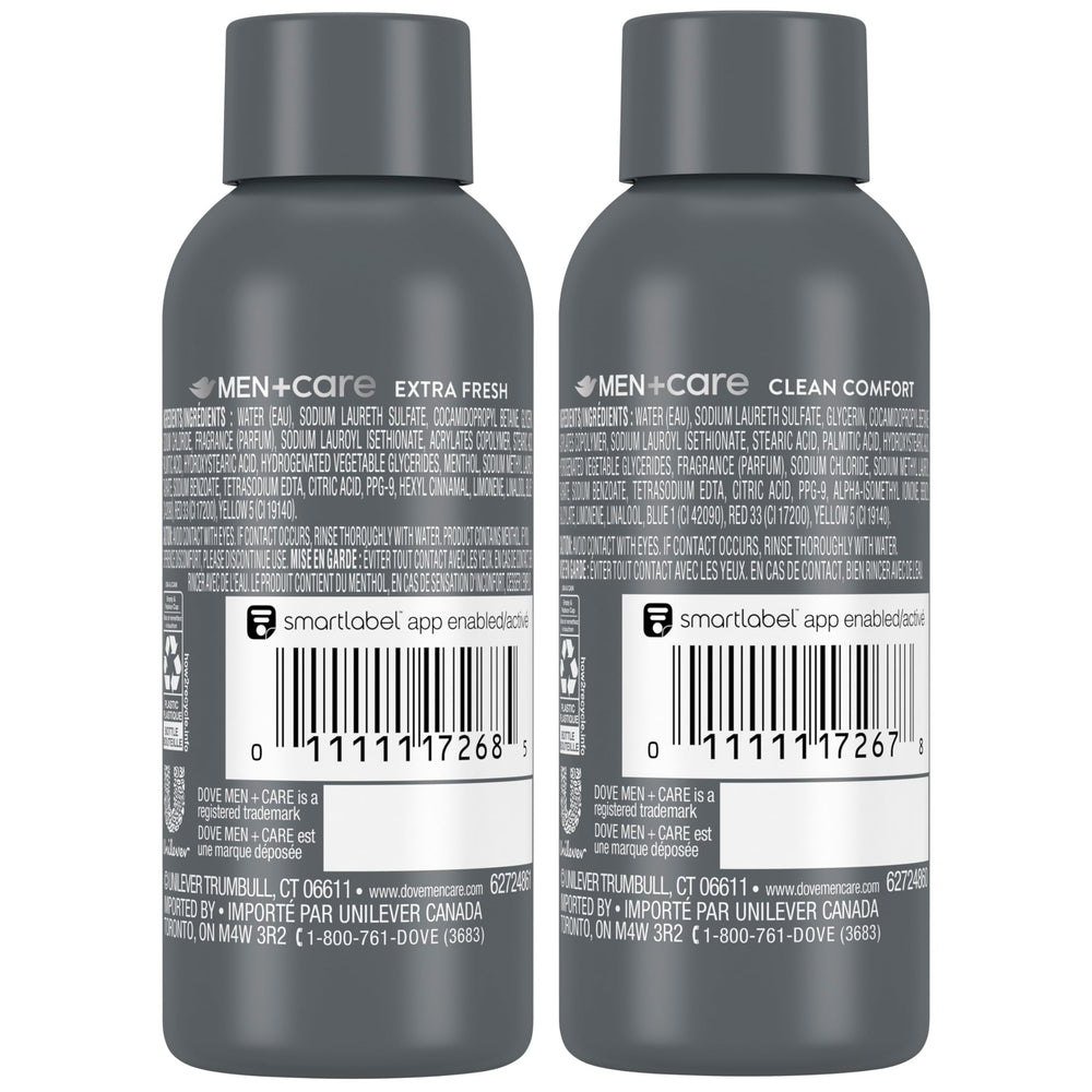 Dove Men+Care bottle close-up highlighting Renewing MicroMoisture droplets for conditioning