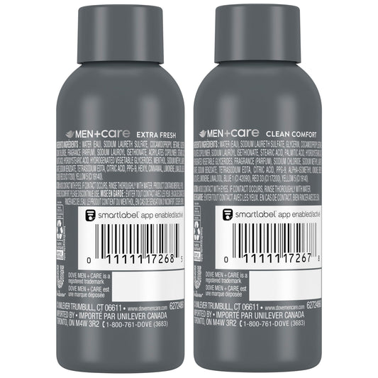 Dove Men+Care bottle close-up highlighting Renewing MicroMoisture droplets for conditioning