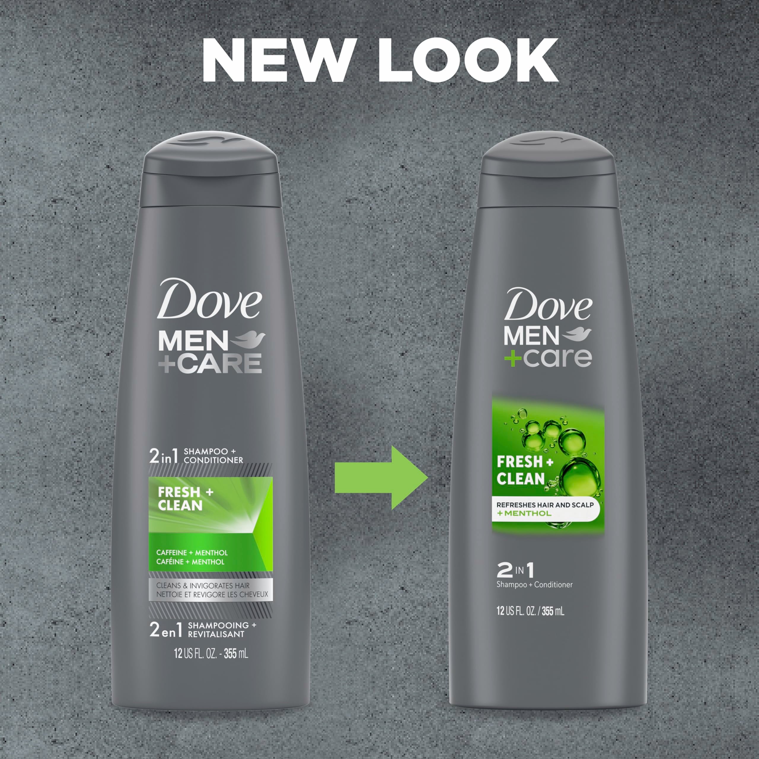DOVE MEN+CARE bottle label detail highlighting caffeine and menthol benefits