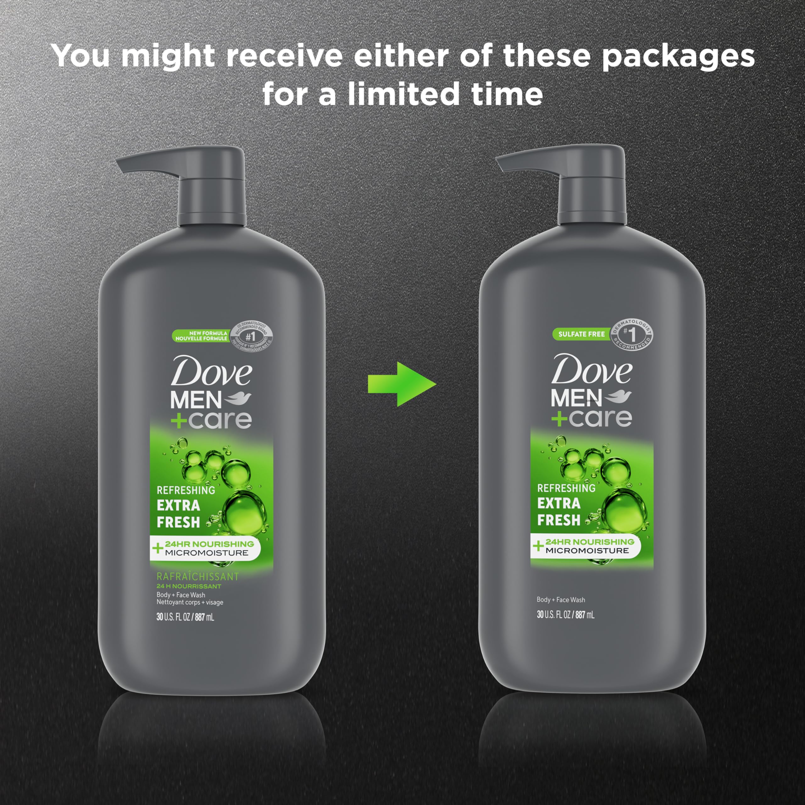 Dove Men+Care bottle label detail showing Micromoisture text and ingredient clarity benefit