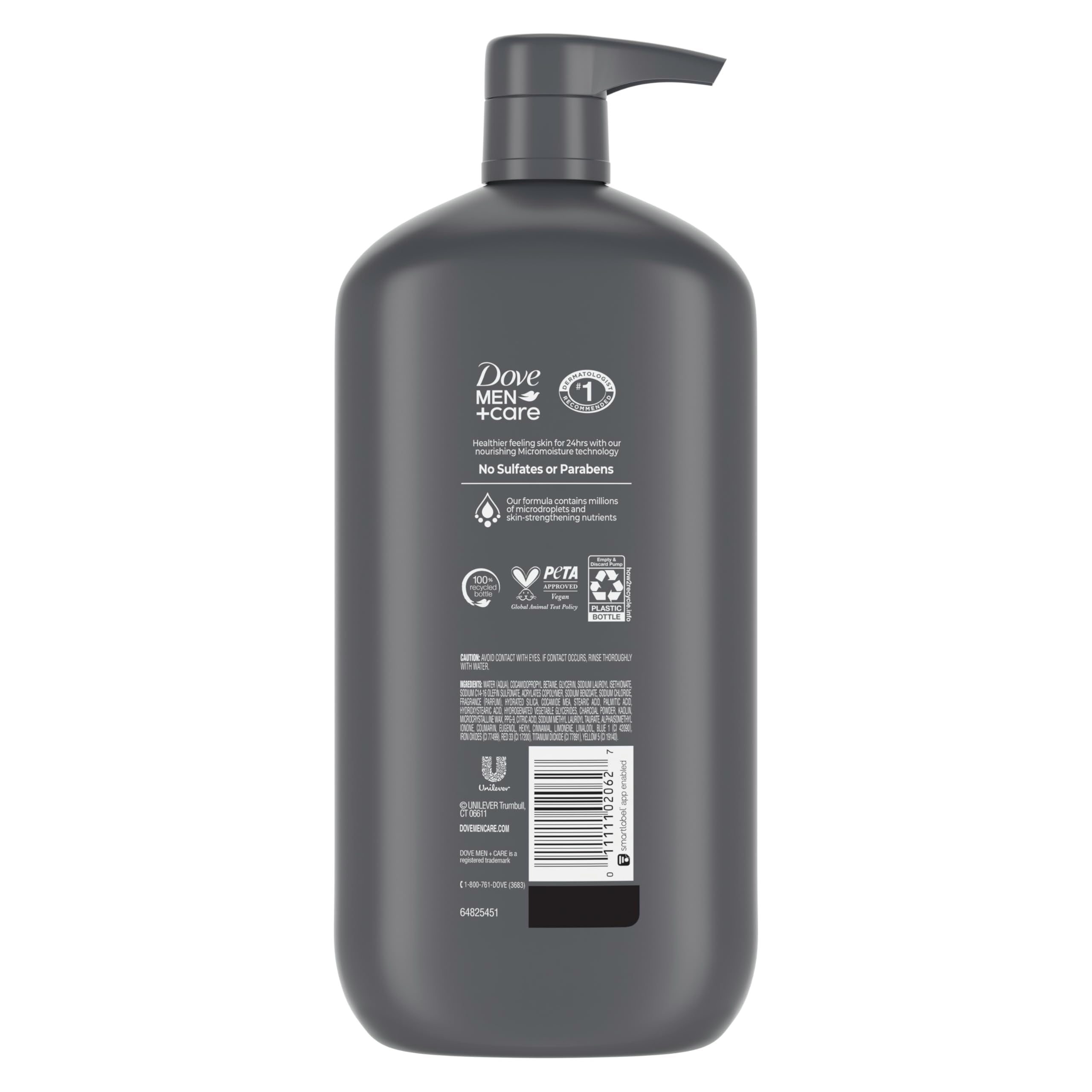 DOVE MEN + CARE back label details ingredients and usage benefits