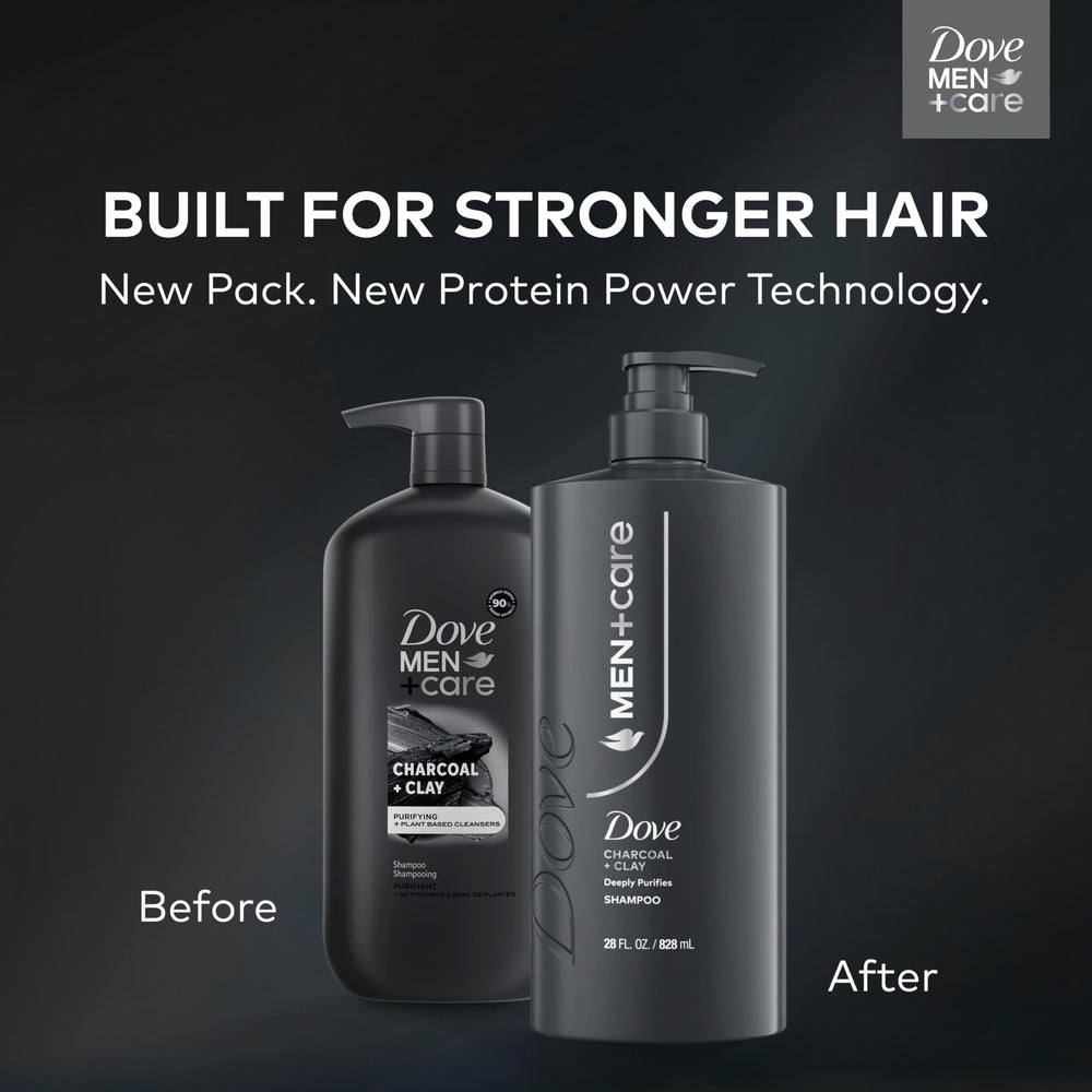DOVE MEN + CARE label close up highlighting charcoal, clay and protein power