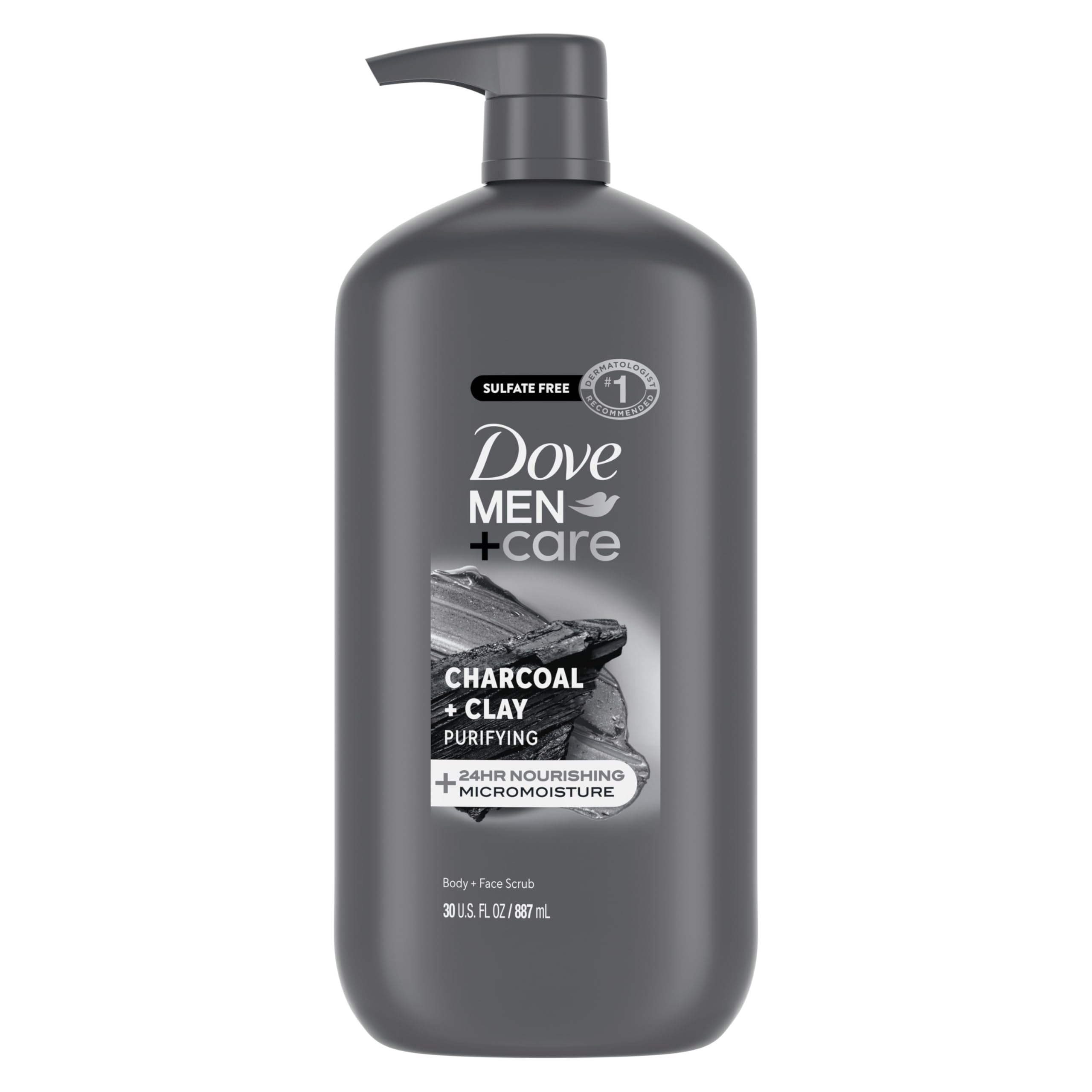 DOVE MEN + CARE front packaging shows charcoal + clay and hydration benefits