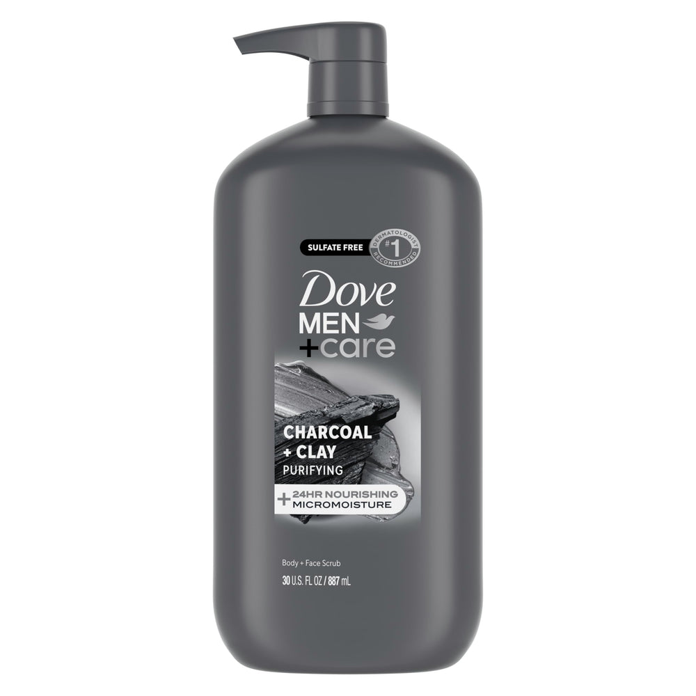 DOVE MEN + CARE front packaging shows charcoal + clay and hydration benefits