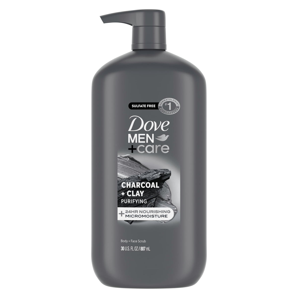 DOVE MEN + CARE front packaging shows charcoal + clay and hydration benefits