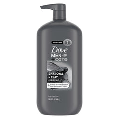 DOVE MEN + CARE front packaging shows charcoal + clay and hydration benefits