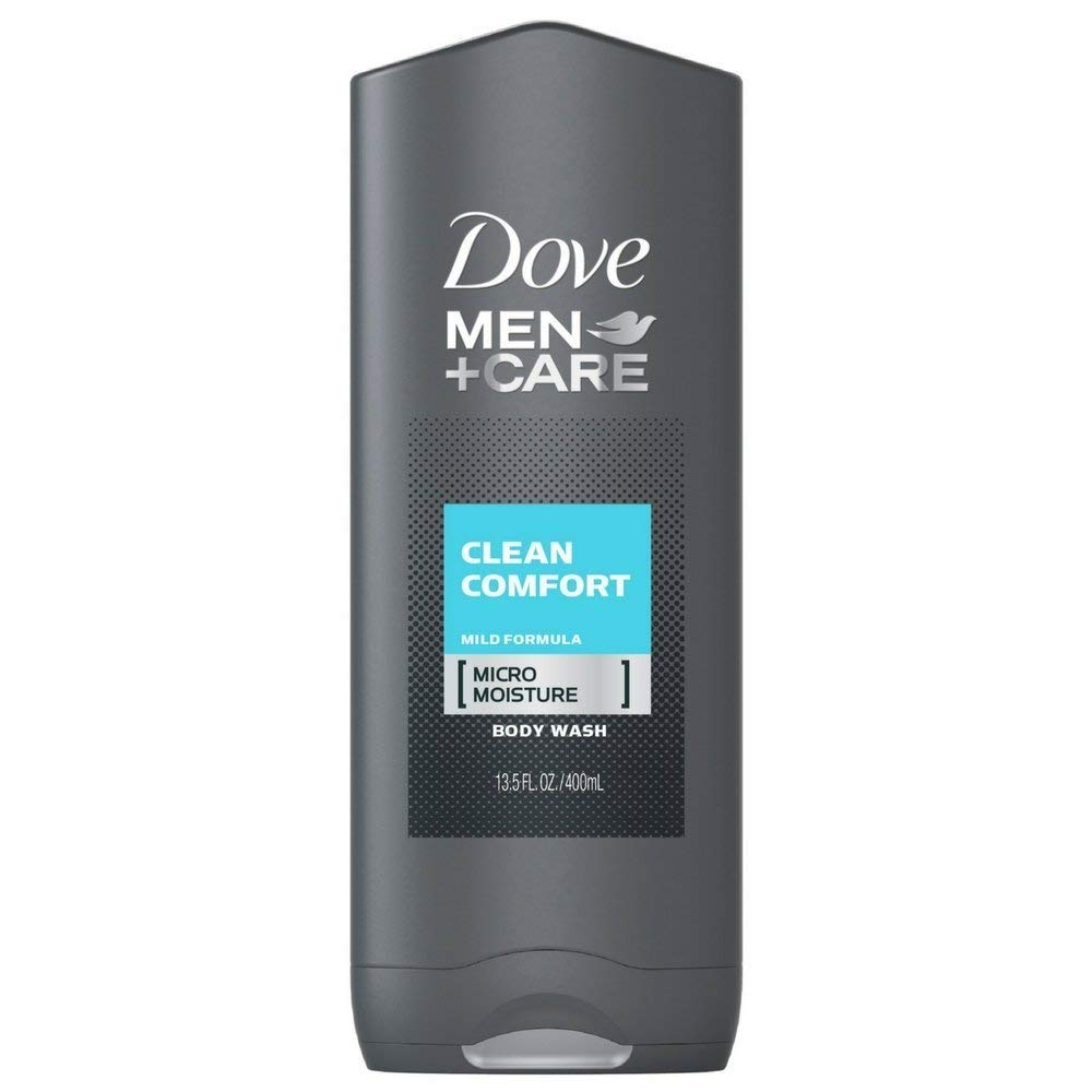 Dove Men+Care bottle front packaging showing hydrating formula and crisp scent