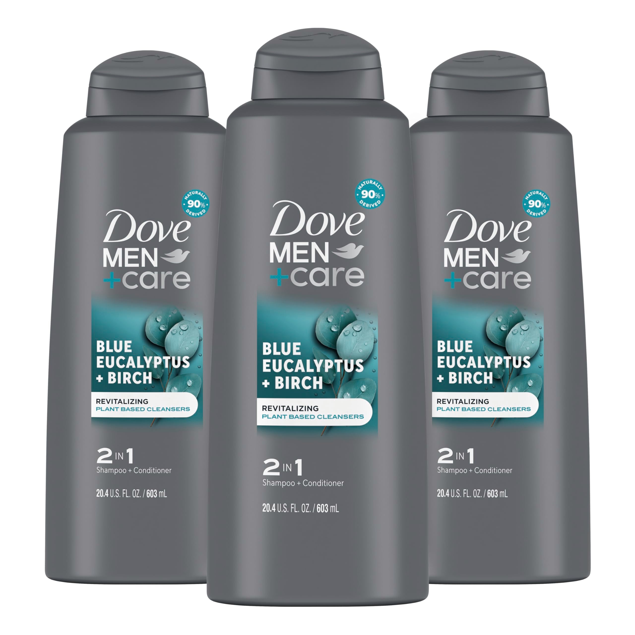 Dove Men + Care front packaging showing eucalyptus scent and 20.4 oz size for convenience