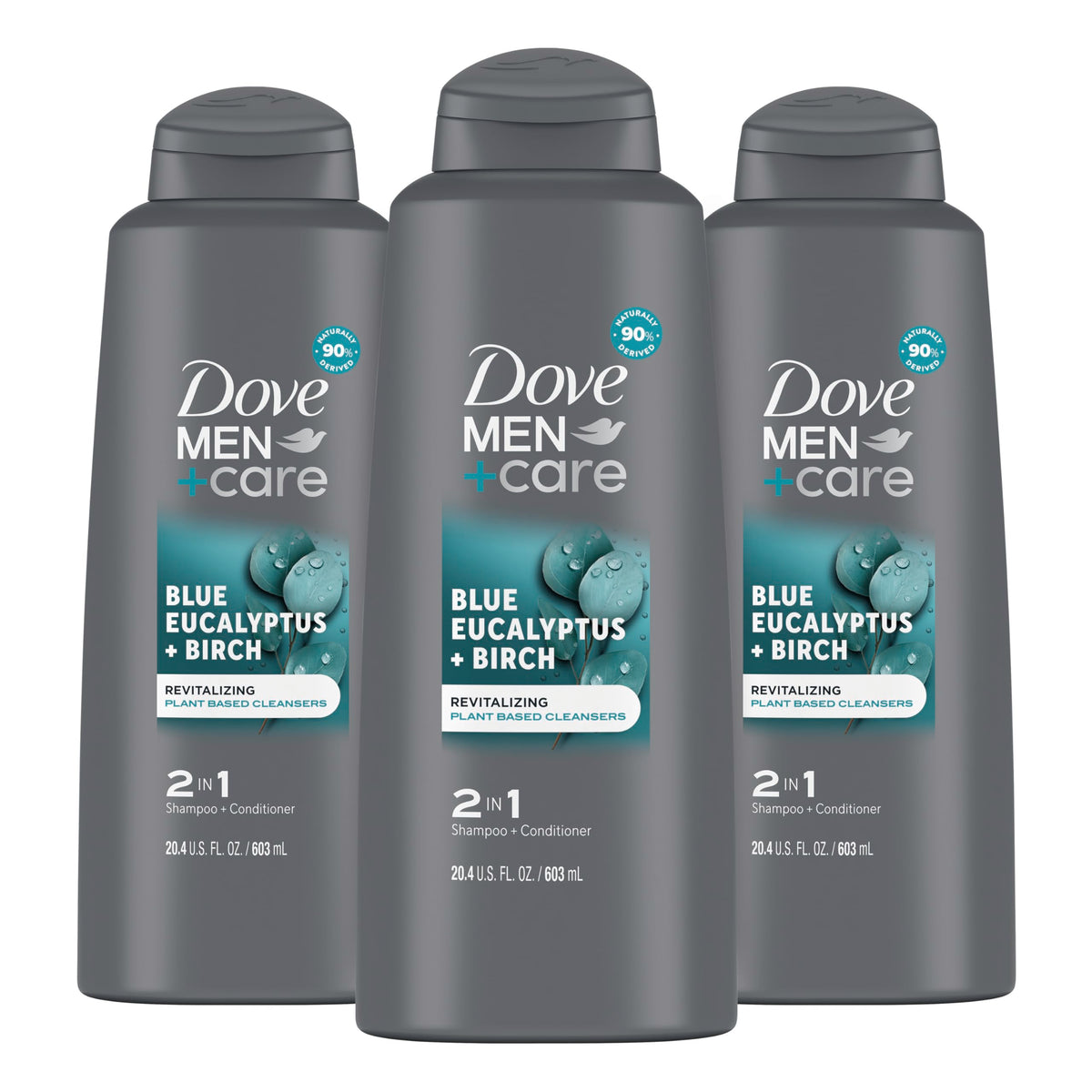 Dove Men + Care front packaging showing eucalyptus scent and 20.4 oz size for convenience