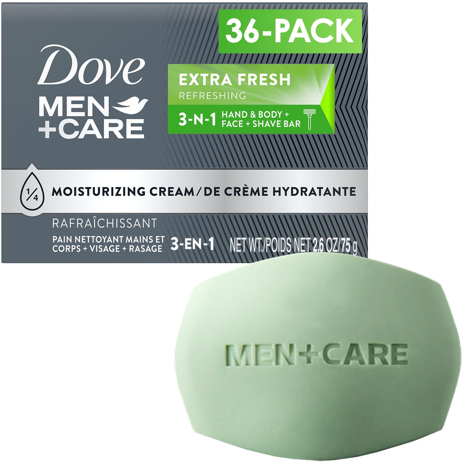 Dove Men+Care front packaging showing 36-pack and benefits