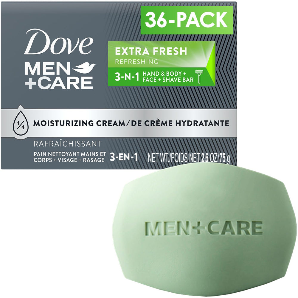 Dove Men+Care front packaging showing 36-pack and benefits
