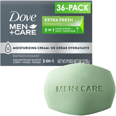 Dove Men+Care front packaging showing 36-pack and benefits