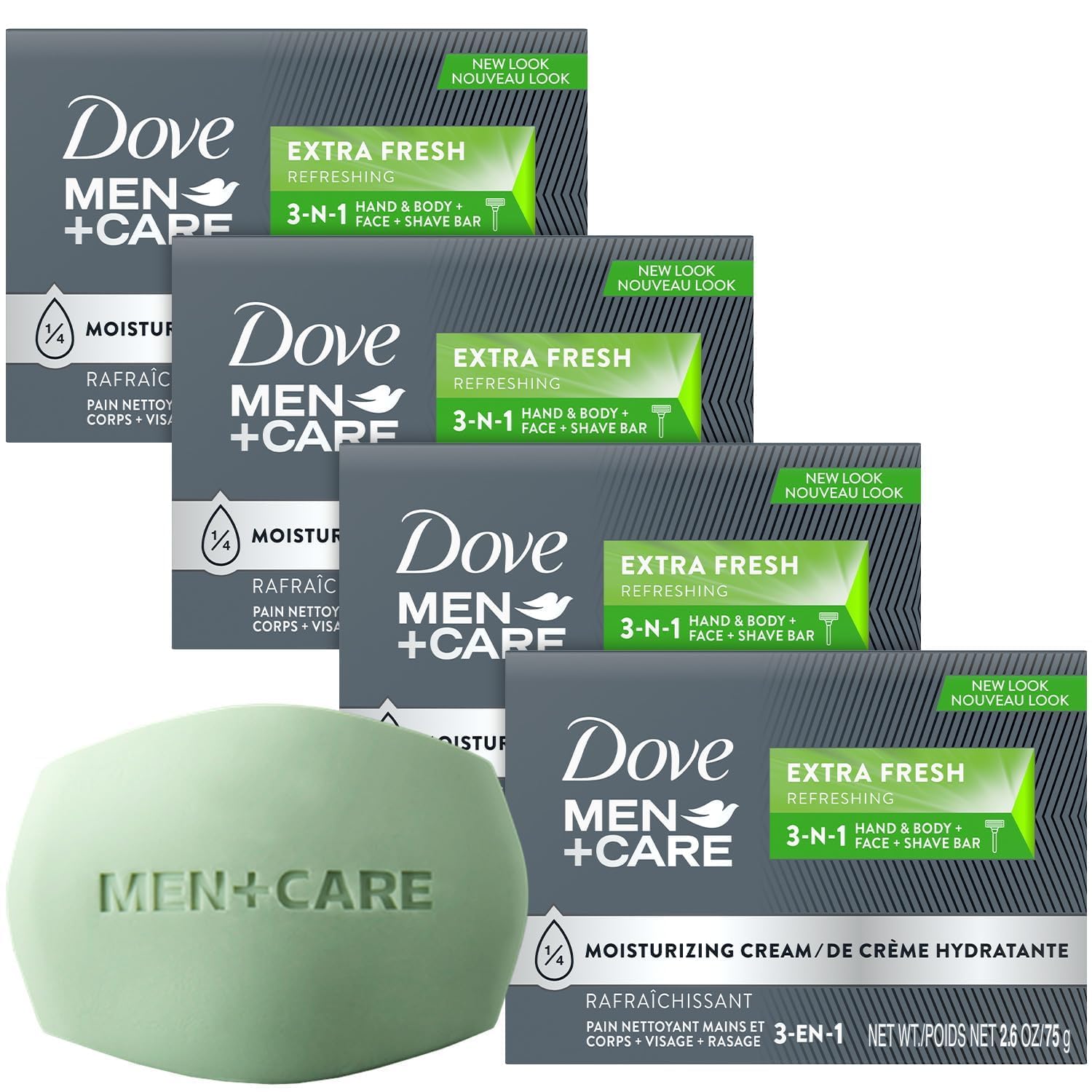 Dove Men+Care front packaging showing four bars and product benefits
