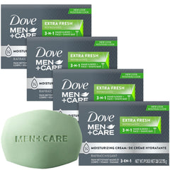 Dove Men+Care front packaging showing four bars and product benefits