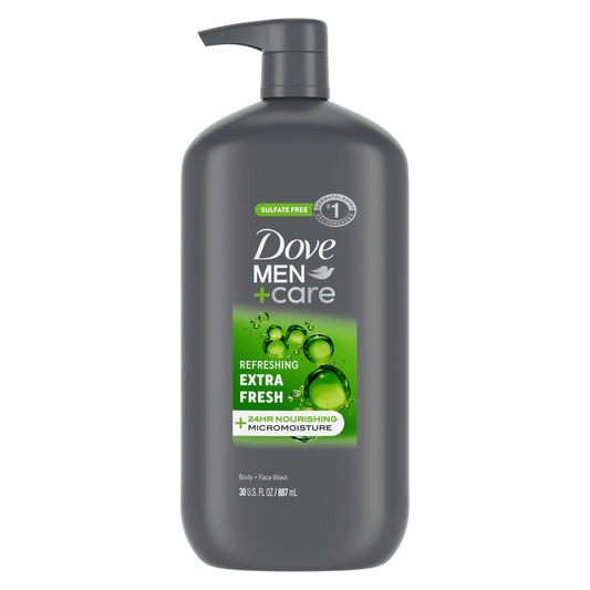 Dove Men+Care front packaging showing bottle and label, highlights hydration benefit