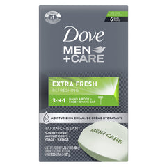 Dove Men+Care front packaging showing six bars and product benefits