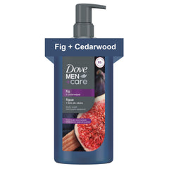 Dove Men+Care front bottle view showing label and fig cedarwood scent benefit