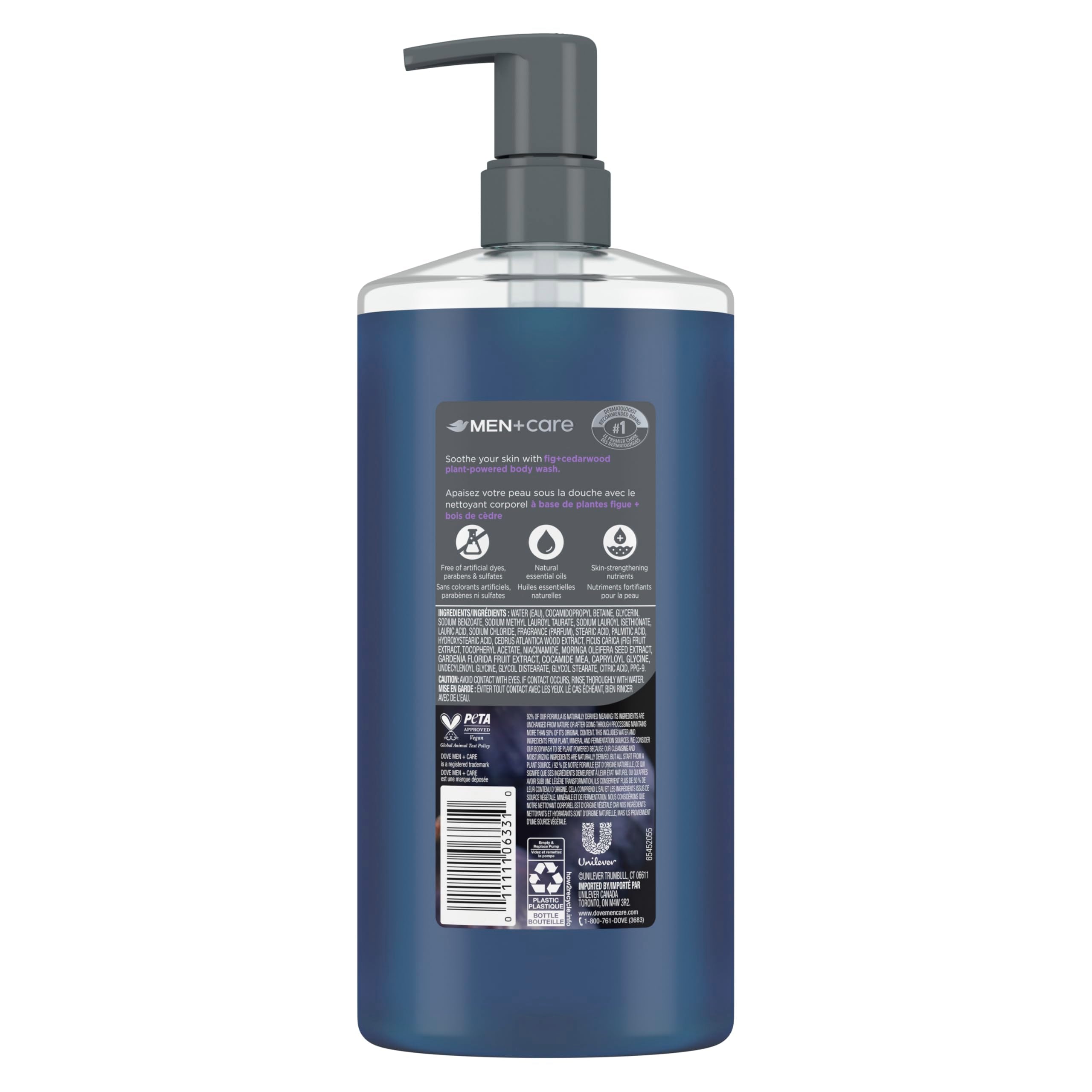 Dove Men+Care pump top close-up highlighting easy dispense for quick showers