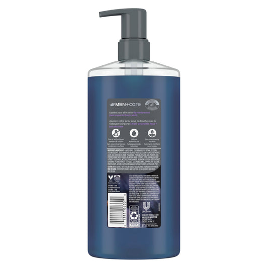 Dove Men+Care pump top close-up highlighting easy dispense for quick showers