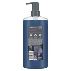 Dove Men+Care pump top close-up highlighting easy dispense for quick showers