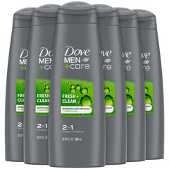 Dove Men+Care front packaging showing 2-in-1 benefits and fresh scent