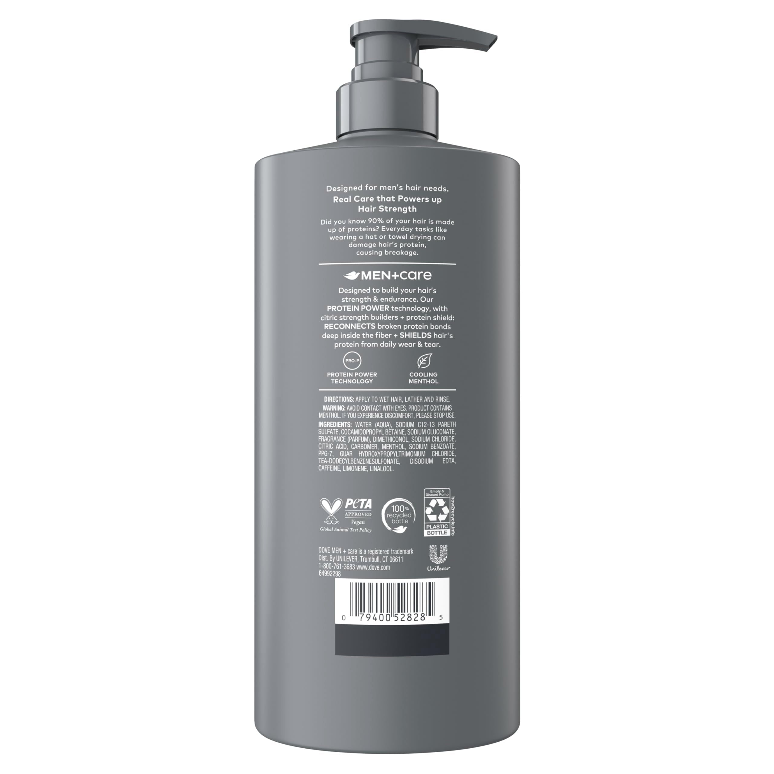 DOVE MEN + CARE back label close-up listing ingredients and usage details
