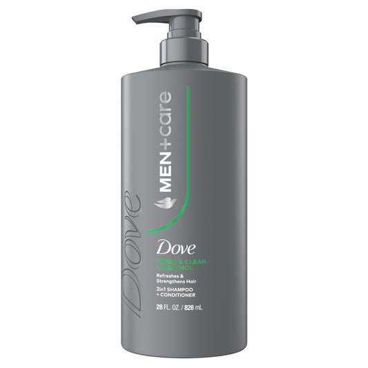 DOVE MEN + CARE front bottle view showing clean packaging and product benefit
