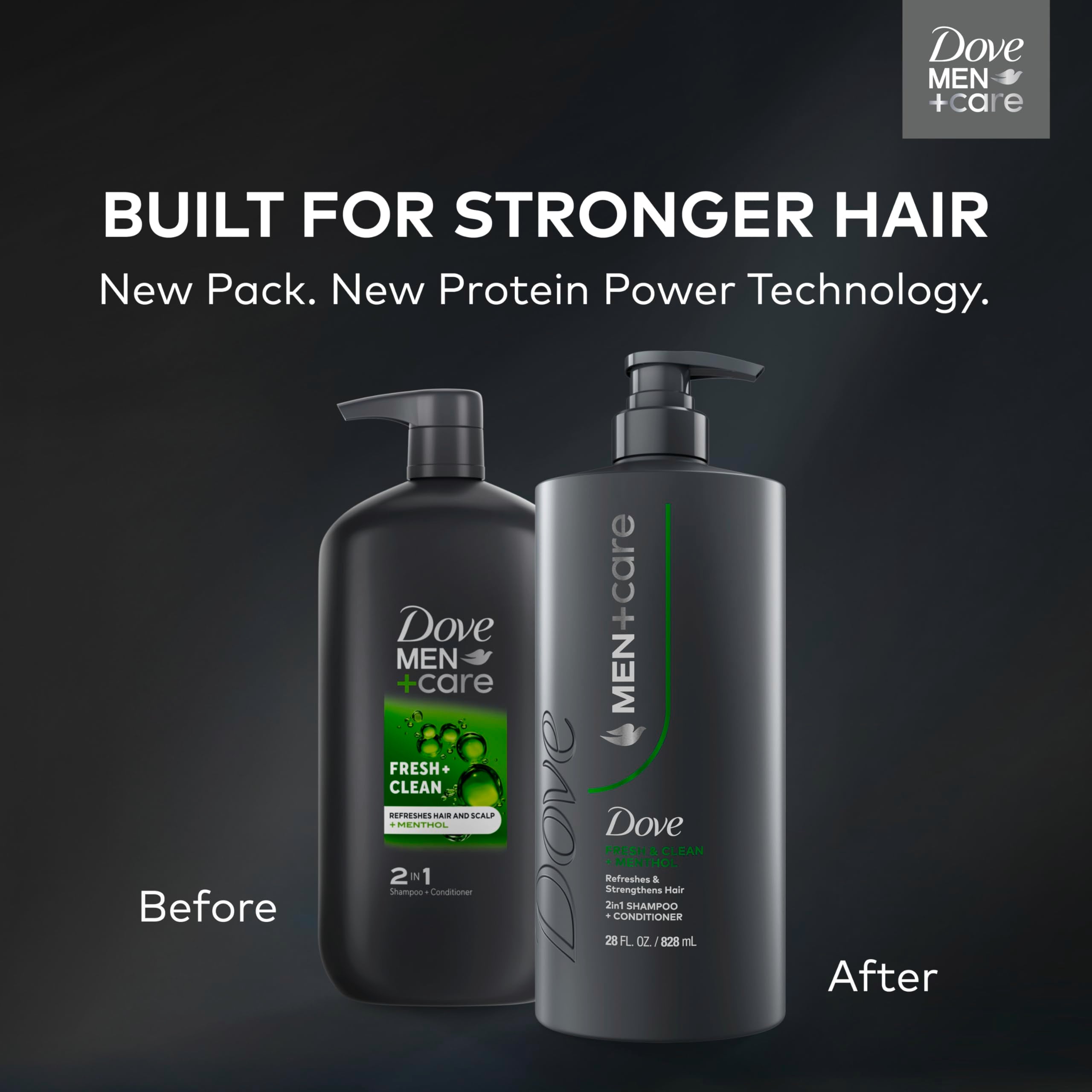 DOVE MEN + CARE pump dispensing shampoo indicating easy one-handed use