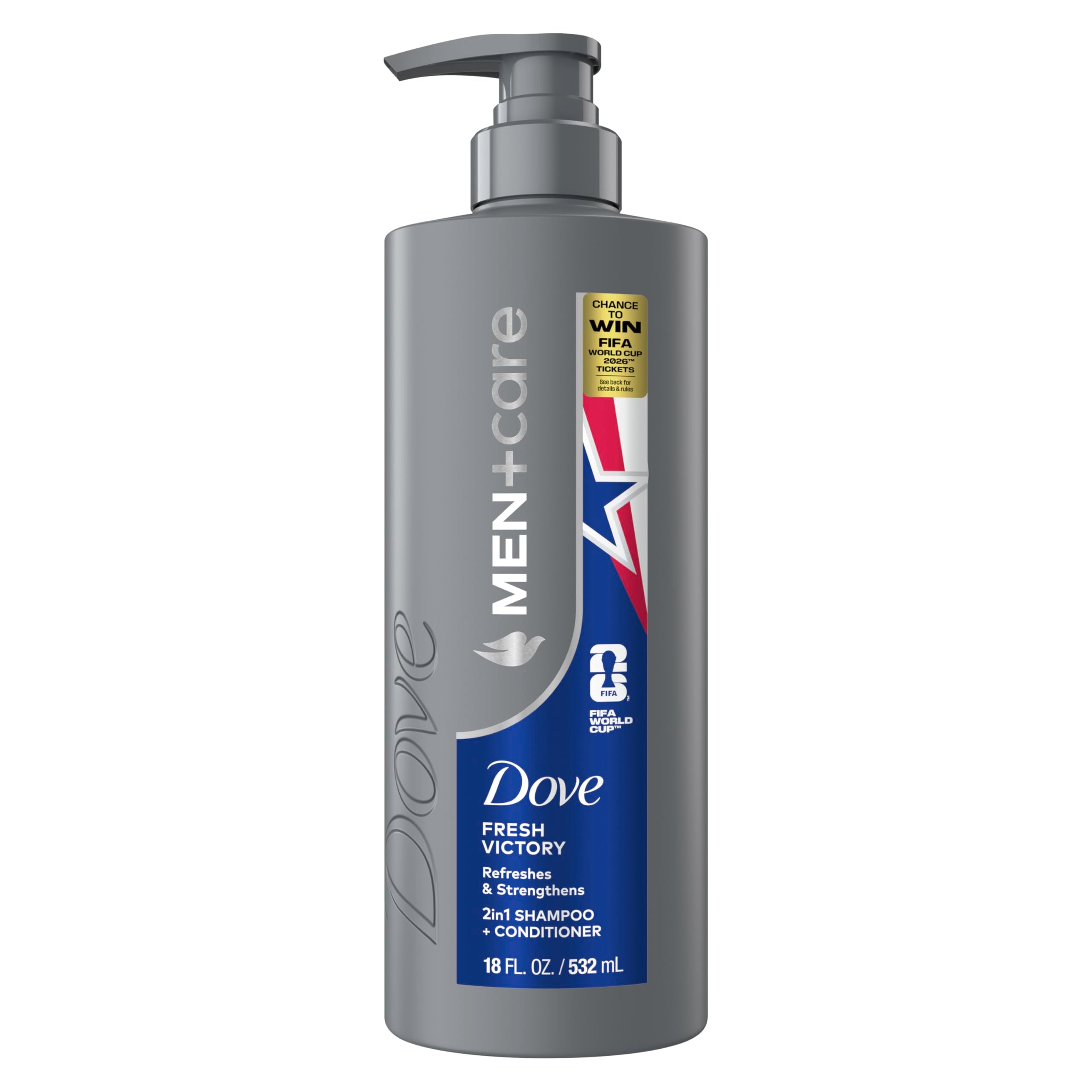 DOVE MEN+CARE front bottle view showing size and branding benefit of easy one-step care