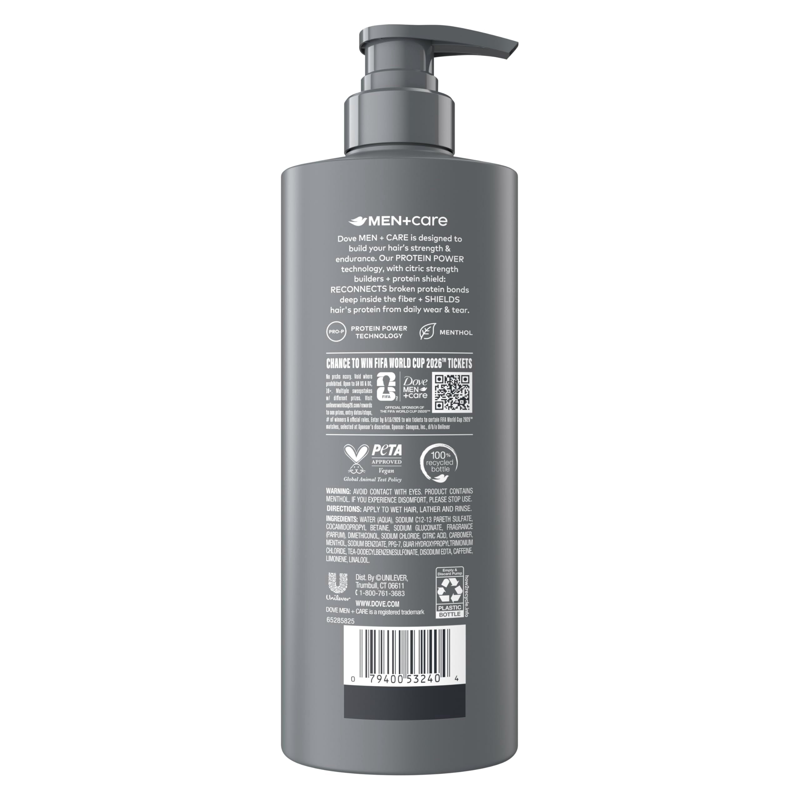 DOVE MEN+CARE label closeup highlighting menthol and Protein Power benefits