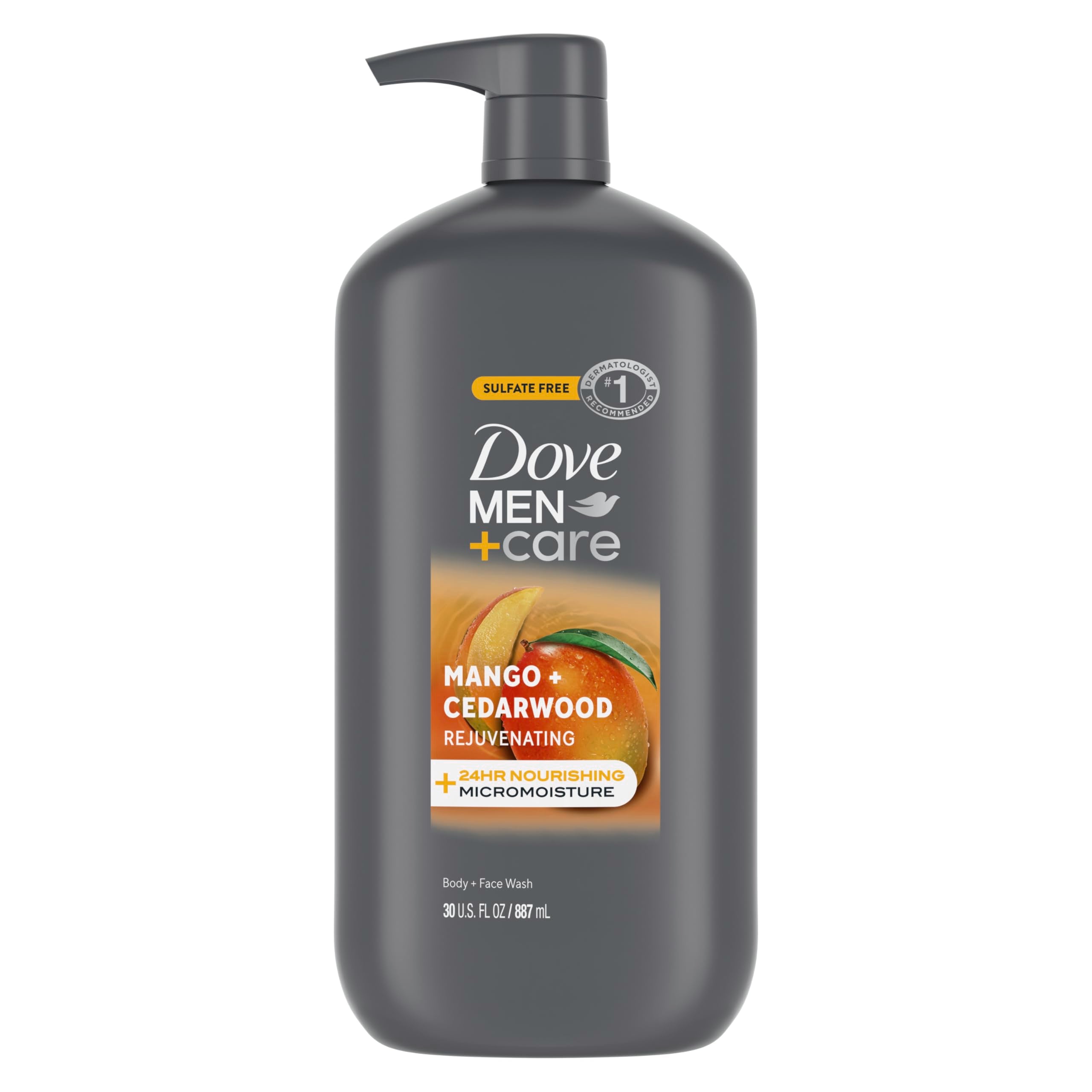 Dove Men+Care front bottle showing mango cedarwood scent and benefits