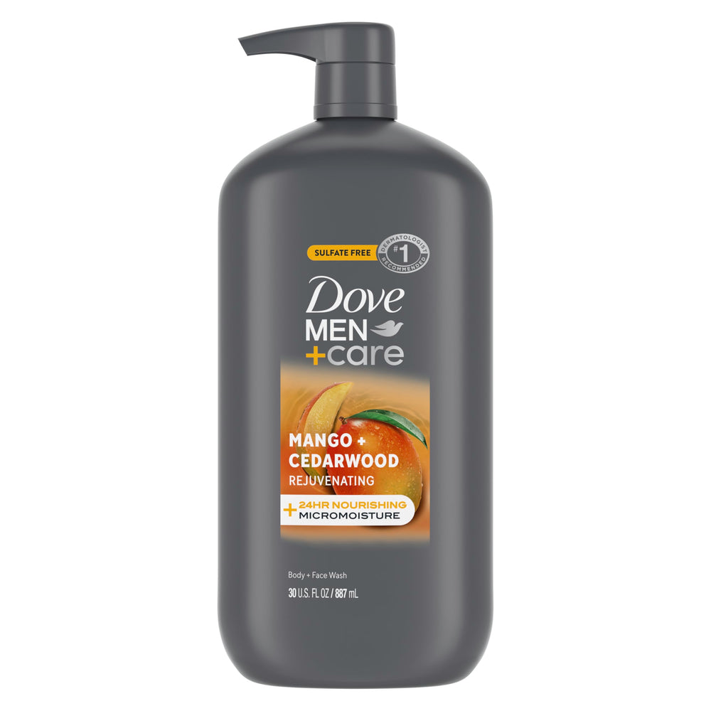 Dove Men+Care front bottle showing mango cedarwood scent and benefits
