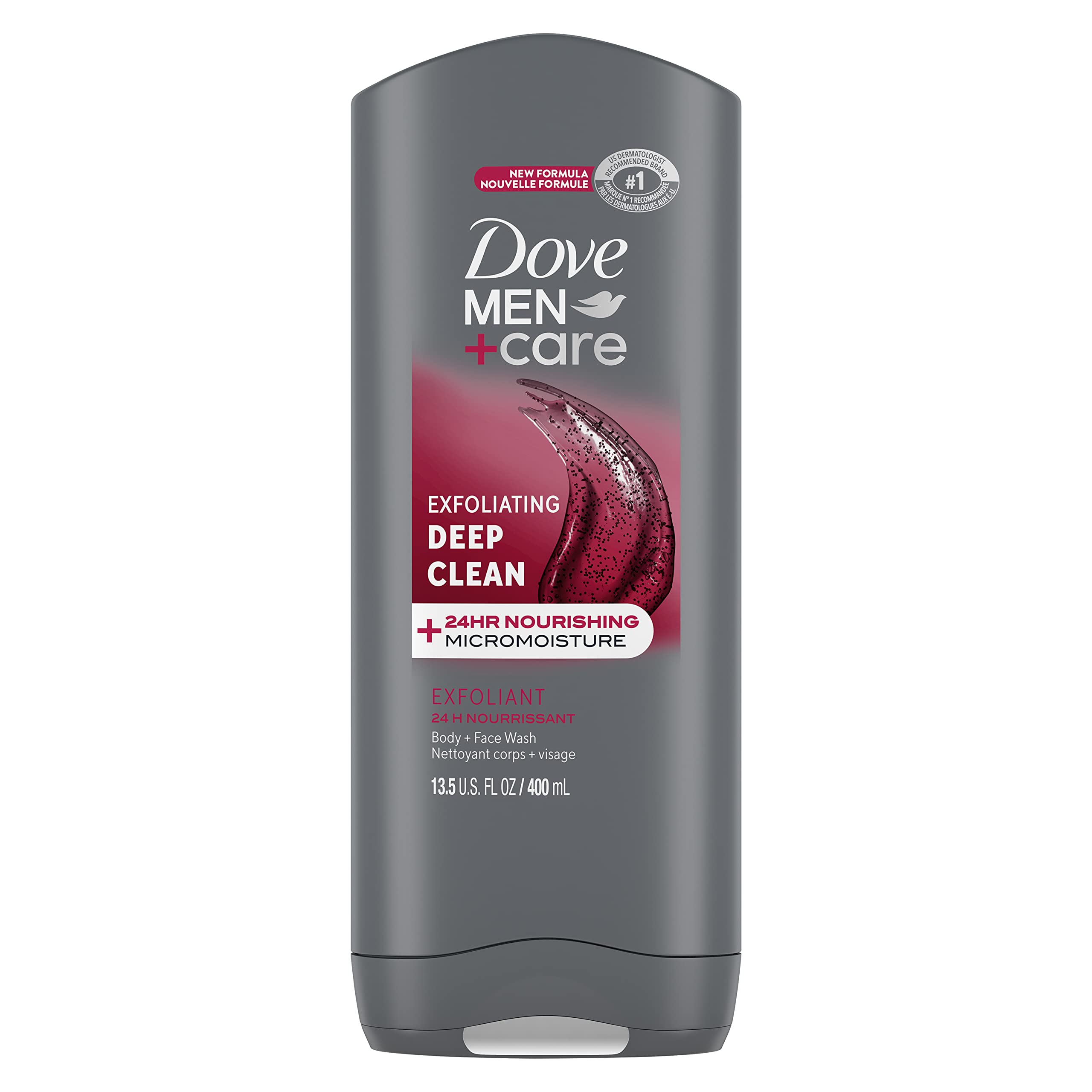 DOVE MEN + CARE front label showing product benefits and scent