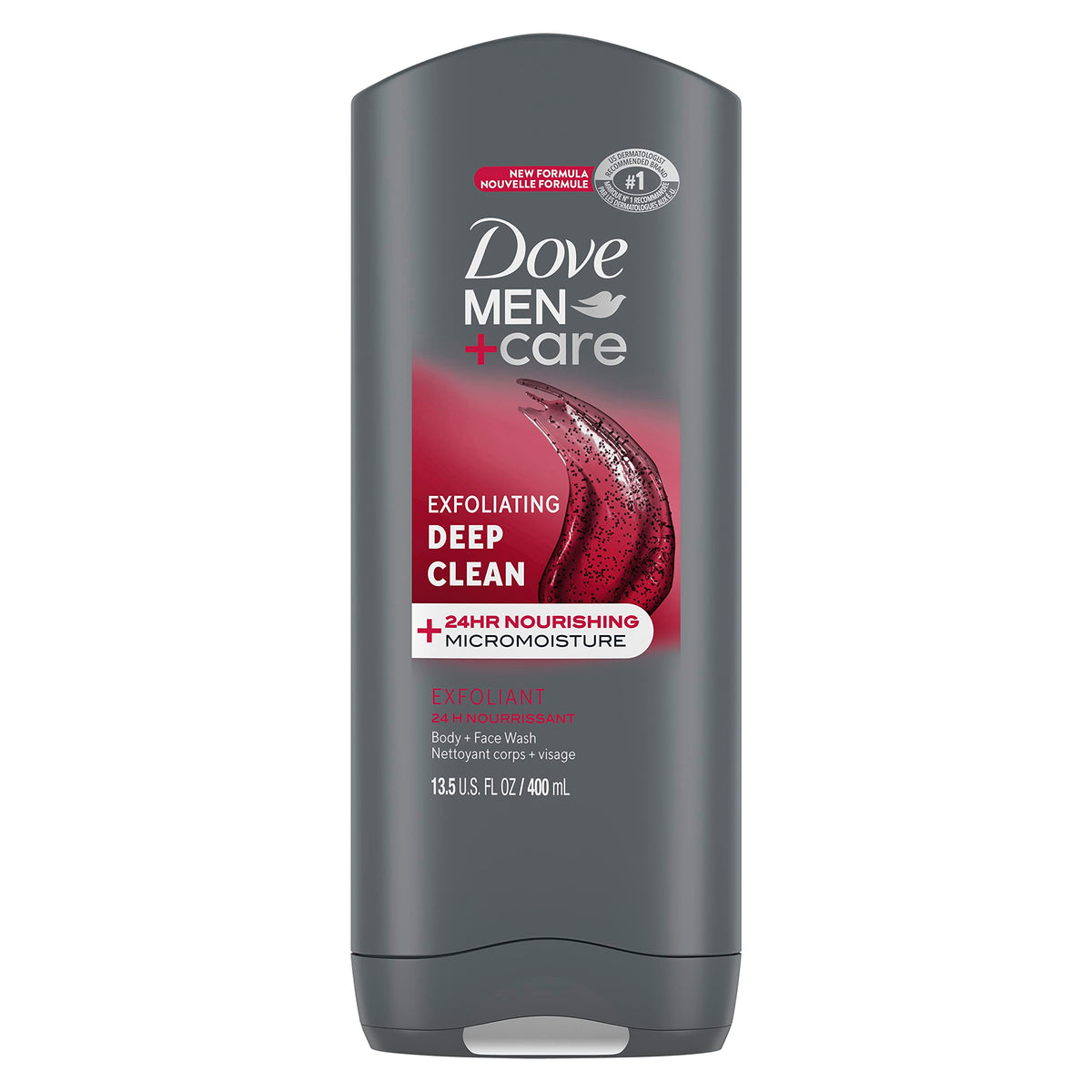 DOVE MEN + CARE front label showing product benefits and scent