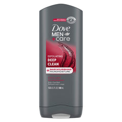 DOVE MEN + CARE front label showing product benefits and scent