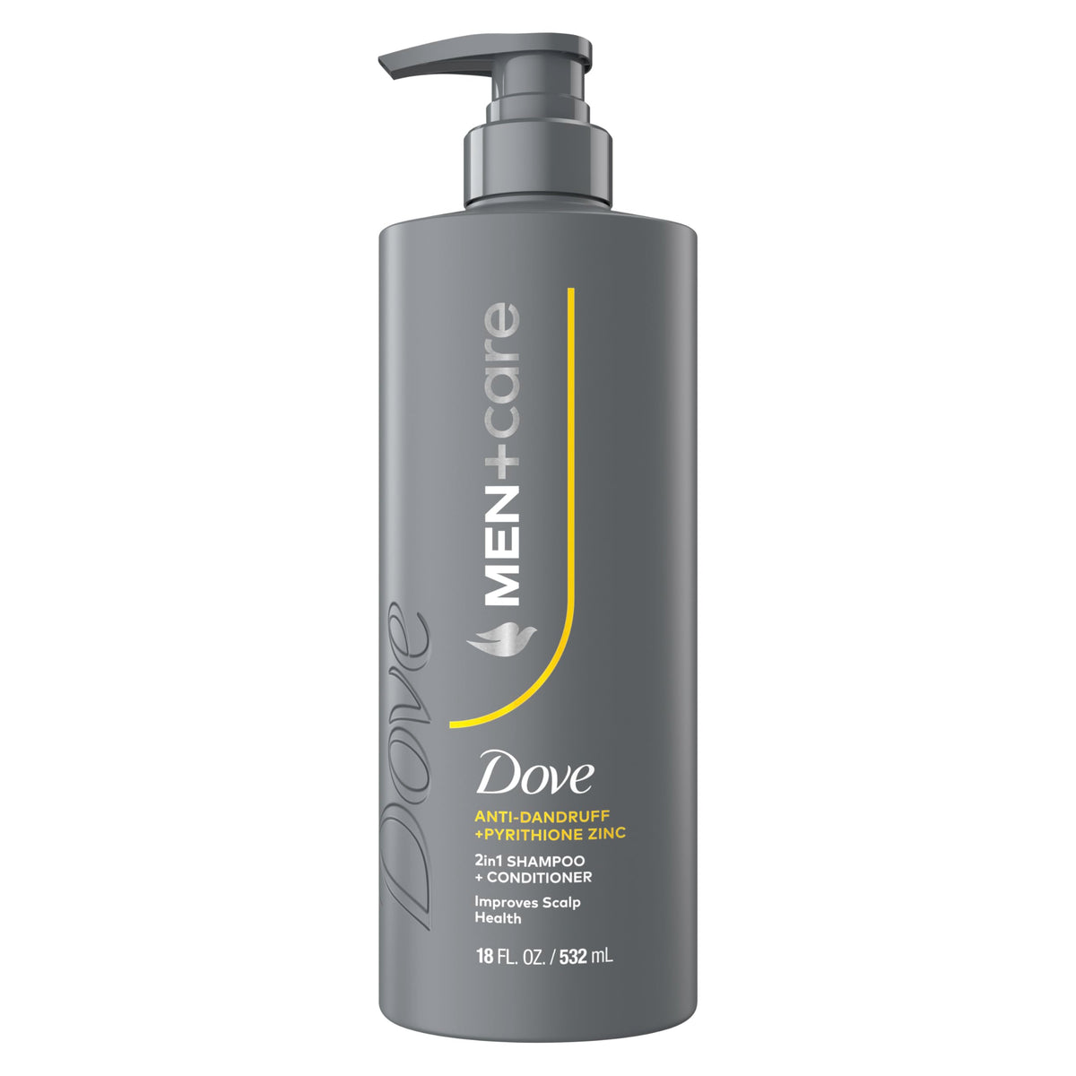 DOVE MEN+CARE front packaging showing 18 oz bottle and clear benefits