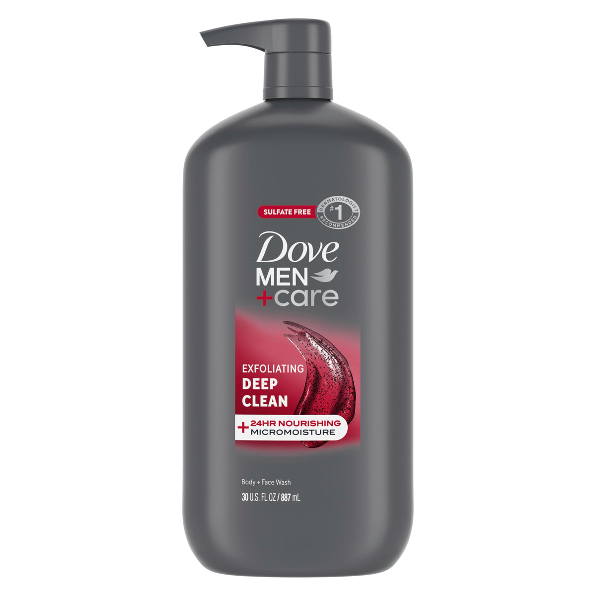 Dove Men+Care front packaging showing 30 oz bottle and clear branding for convenience
