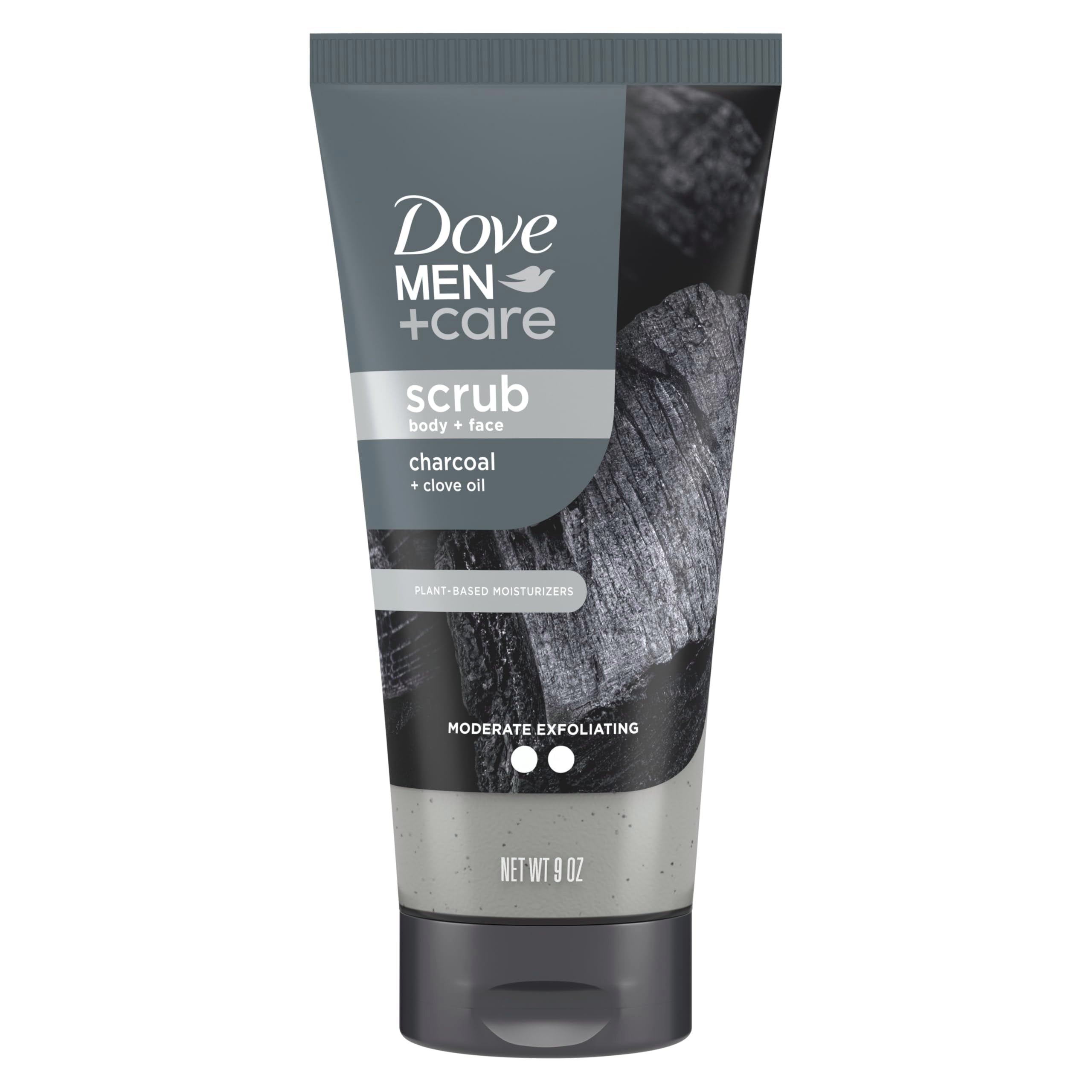 DOVE MEN + CARE front packaging showing charcoal and clove scent and benefit
