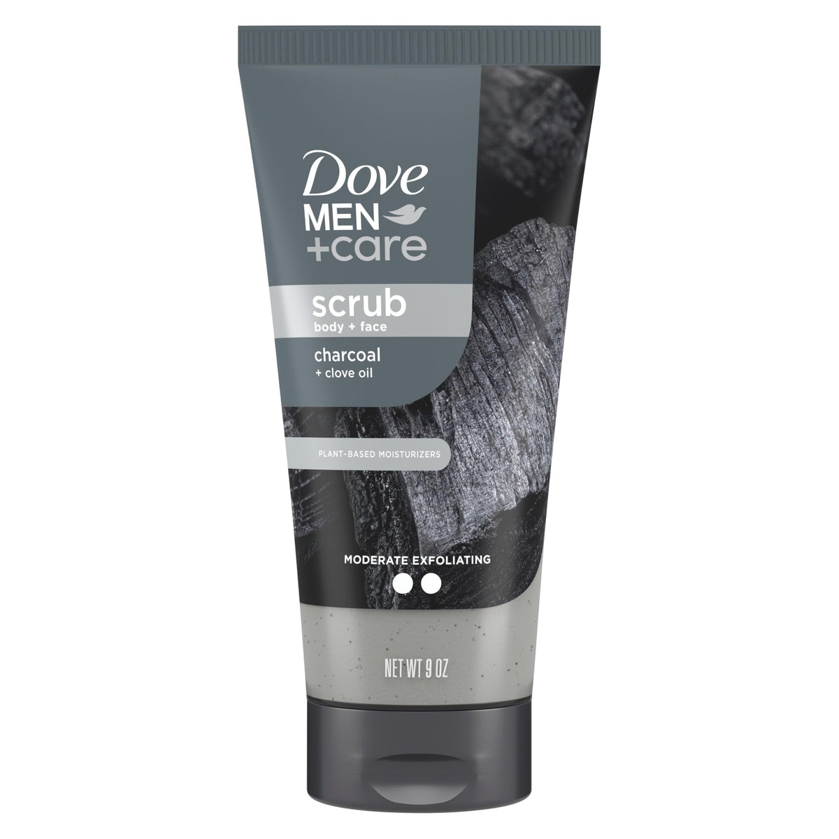 DOVE MEN + CARE front packaging showing charcoal and clove scent and benefit