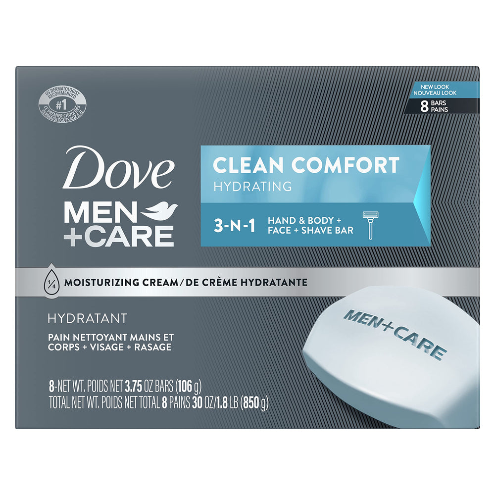 DOVE MEN + CARE front packaging showing eight bars and fresh scent benefit