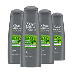 DOVE MEN+CARE front packaging showing 2‑in‑1 benefits and fresh scent