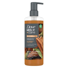 DOVE MEN + CARE front packaging showing sandalwood scent and benefit of fuller hair