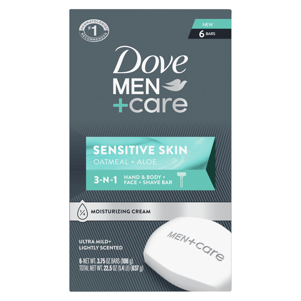 Dove Men+Care front packaging showing sensitive bar and clear label benefit